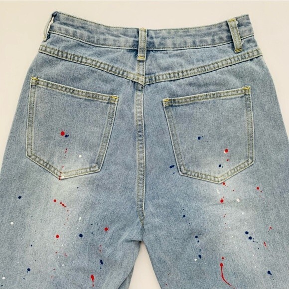 90s Style High Waisted Jeans 2 Blue Light Wash Denim Paint Splatter Taper Retro - Picture 4 of 8